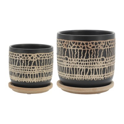 Set of 2 Ceramic & Ceramic Planters with Saucers - Modern Decorative Pots for Indoor & Outdoor Plants, Home & Garden Decor, Black