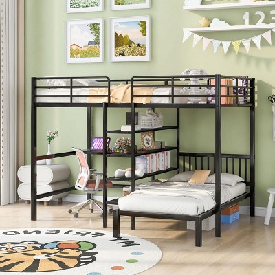 Streamdale Full Over Twin Metal Bunk Bed with Built-in Desk, Shelves and Ladder, Black