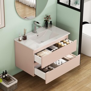 KWPZQEB 32" Modern Wall-Mounted Bathroom Vanity with Sink Combo, Floating Vanity with Double Drawers & Unique Handle-Free Design for Small Space - 1 of 4