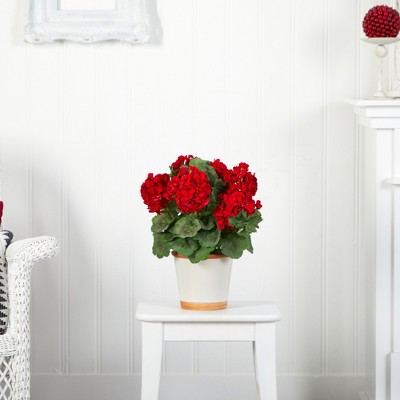 Red and Green Silk Geranium Arrangement in White Pot