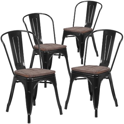 Emma and Oliver 4 Pack Metal Stackable Chair with Wood Seat