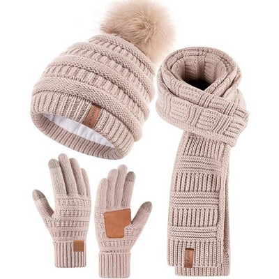 SENPUKI Womens Winter Beanie Scarf Gloves Set, Pom Pom Hat with Warm Fleece Lined Long Knit Scarf Touchscreen Gloves for Cold Weather