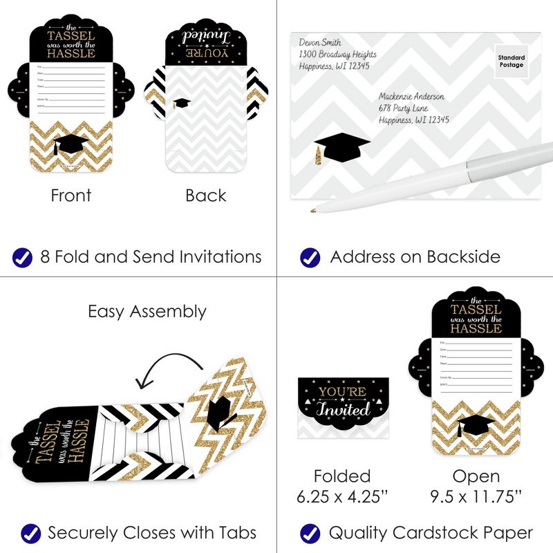 Big Dot of Happiness Tassel Worth The Hassle - Gold - Fill-In Cards - Graduation Party Fold and Send Invitations - Set of 8, 4 of 10