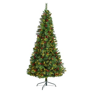 Nearly Natural 7-ft Flat Back Montreal Mountain Artificial Christmas Tree with Pine Cones and Berries - 1 of 4
