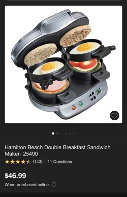 Hamilton Beach Dual Breakfast Sandwich Maker, Silver - 25490