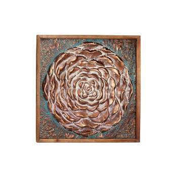 41.5" x 41.5" Large Square Metal Rose Wall Decor in Natural Wood Frame Aqua/Bronze - Olivia & May