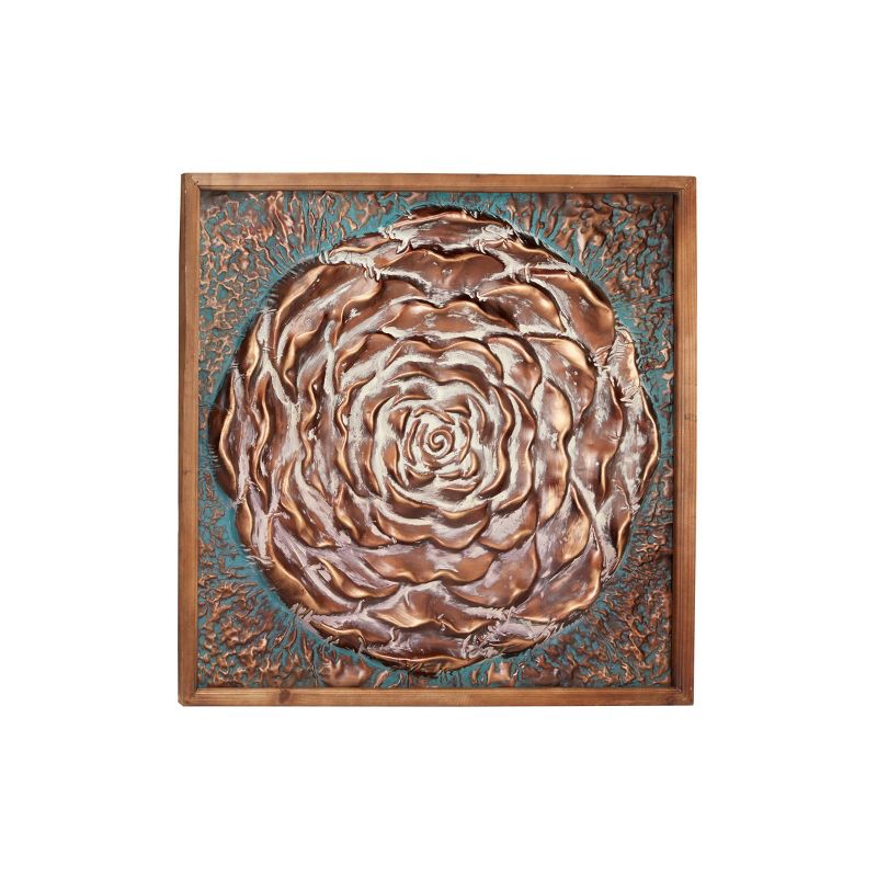 41.5&#34; x 41.5&#34; Large Square Metal Rose Wall Decor in Natural Wood Frame Aqua/Bronze - Olivia &#38; May, 1 of 5