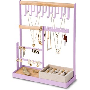 4-Tier Jewelry Organizer Stand with 15 Hooks & 16 Earring Holes, Velvet Ring Holder Display, White - 1 of 4