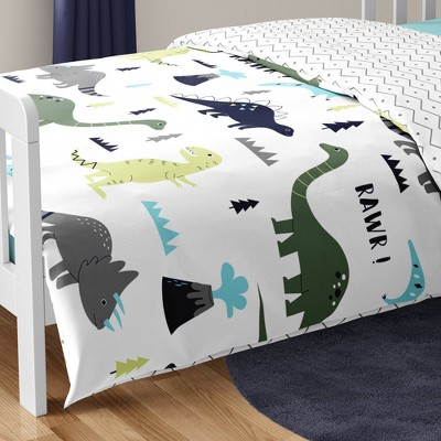 Blue and Green Dinosaur Toddler Bedding Set with Chevron Print