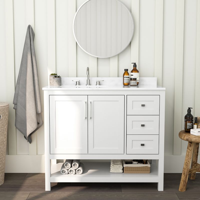 Merrick Lane Bathroom Vanity with Ceramic Sink, Carrara Marble Finish Countertop, Storage Cabinet with Soft Close Doors, Open Shelf and 3 Drawers, 2 of 13