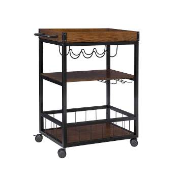 Austin Industrial Metal/Wood Kitchen Cart 3 Shelfs Bottle & Glass Racks Storage on Wheels - Linon