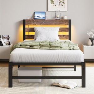 GDFStudio Althea Modern Metal and Wooden Platform Bed Frame with Storage Headboard, RGB Lights and Charging Station - 1 of 4