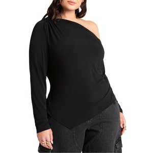 ELOQUII Women's Plus Size One Shoulder Tee With Ruching - 1 of 4