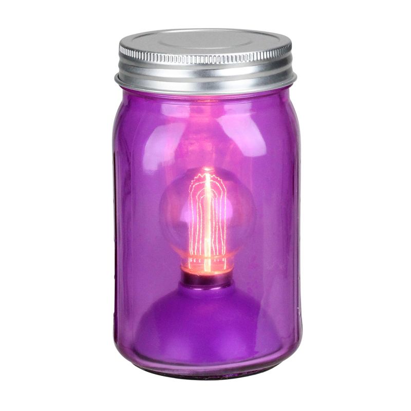 Roman 6.5" Battery Operated LED Edison Bulb Vintage-Style Purple Glass Mason Jar Lantern, 1 of 3