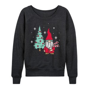 Women's Instant Message Christmas Gnome Tree Lightweight French Terry Wide Neck Long Sleeve Graphic Shirt - Heather Charcoal - 4X - 1 of 4