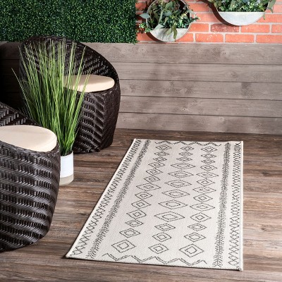 Ivory and Dark Grey Synthetic Geometric Runner Rug, 2' x 8'