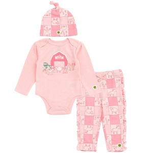 John Deere Farm Baby Girls Bodysuit, Pants and Hat 3 Piece Outfit Set Newborn to Infant - 1 of 4