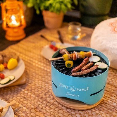 Light Green Powder-Coated Steel Tabletop Charcoal Grill with Wood Lid
