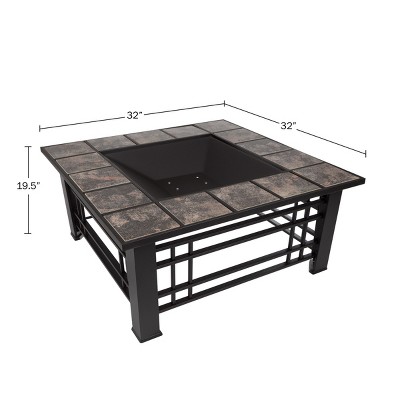 Nature Spring 32" Square Metal Patio Fire Pit Table with Accessories - Marble Tile, Black