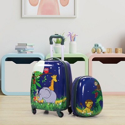 DOMETOUR 2 Pcs Kids Luggage Set, 12" Backpack and 16" Spinner Case, Travel Suitcase for Boys Girls, Navy Blue with Animal Patterns