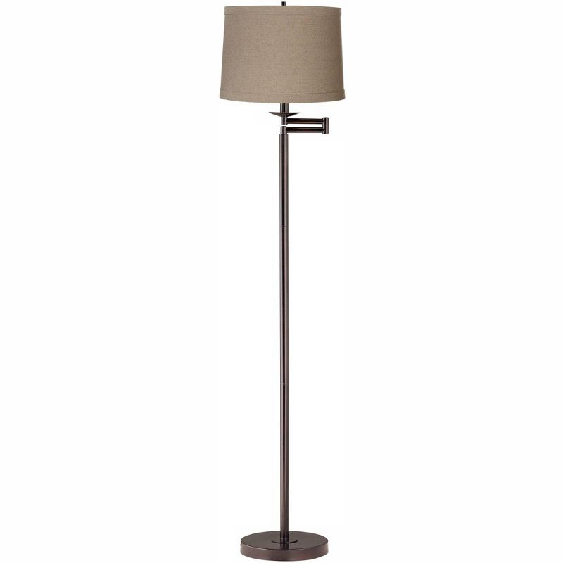 360 Lighting Modern Swing Arm Floor Lamp 60.5" Tall Bronze Natural Linen Drum Shade for Living Room Reading Bedroom Office, 1 of 4