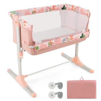 Babyjoy Folding Baby Bassinet Bedside Sleeper with 4 Adjustable Heights, Retractable Feet Pink