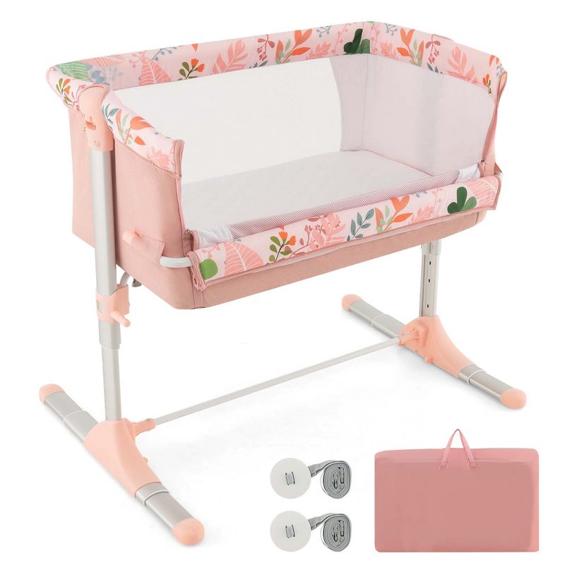 Babyjoy Folding Baby Bassinet Bedside Sleeper with 4 Adjustable Heights, Retractable Feet Pink, 1 of 9