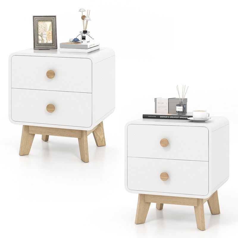 Costway 1/2 PCS Nightstand Mid Century Modern Bedside Table with 2 Drawers Solid Rubber Wood Legs White, 1 of 9