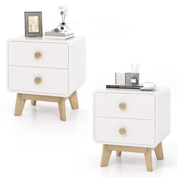 Costway 1/2 PCS Nightstand Mid Century Modern Bedside Table with 2 Drawers Solid Rubber Wood Legs White