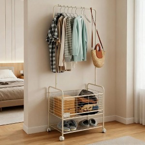 Rolling Clothes Rack with Storage Basket and Shelves, Portable Wardrobe Garment Rack for Bedroom and Laundry, Beige - 1 of 4