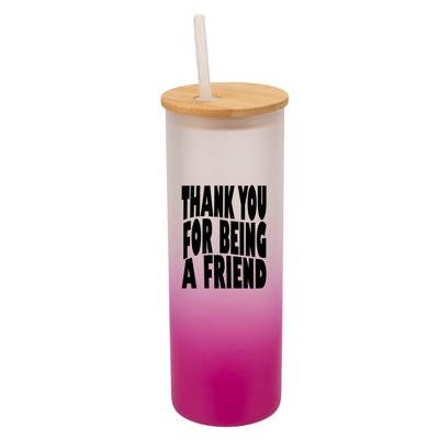 Elanze Designs Thank You For Being A Friend Wrap-Around Design 25 Ounce Frosted Gradient Glass On-The-Go Coffee Travel Skinny Tumbler Mug Cup, Bamboo