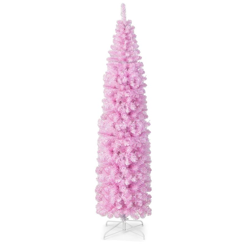 Costway 5 FT/6FT/7FT Pre-lit Christmas Tree Hinged Pencil Xmas Decoration with 190/250/350 LED Lights Pink, 1 of 11