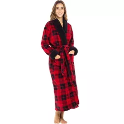 Alexander Del Rossa Women's Warm Winter Robe, Plush Fleece Full Length Long Bathrobe Red Buffalo Check Plaid with Black Sherpa Large-XL