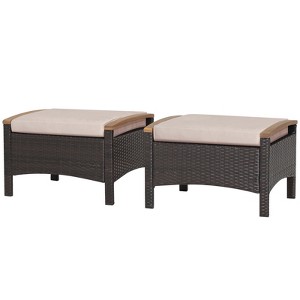 Tangkula Outdoor PE Wicker Ottoman Set of 2 Patio Rattan Footrest Seat with Soft Cushions & Curved Acacia Wood Handles Beige/Navy Blue/Red/Off White - 1 of 4