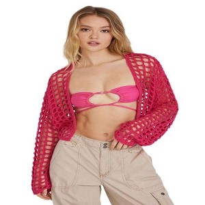 Clearlove Womens Mesh Knitted Smock Tops Shrugs Patchwork Crochet Hollow Out Long Sleeve See Through Beachwear Cover-ups Crop Tops - 1 of 4