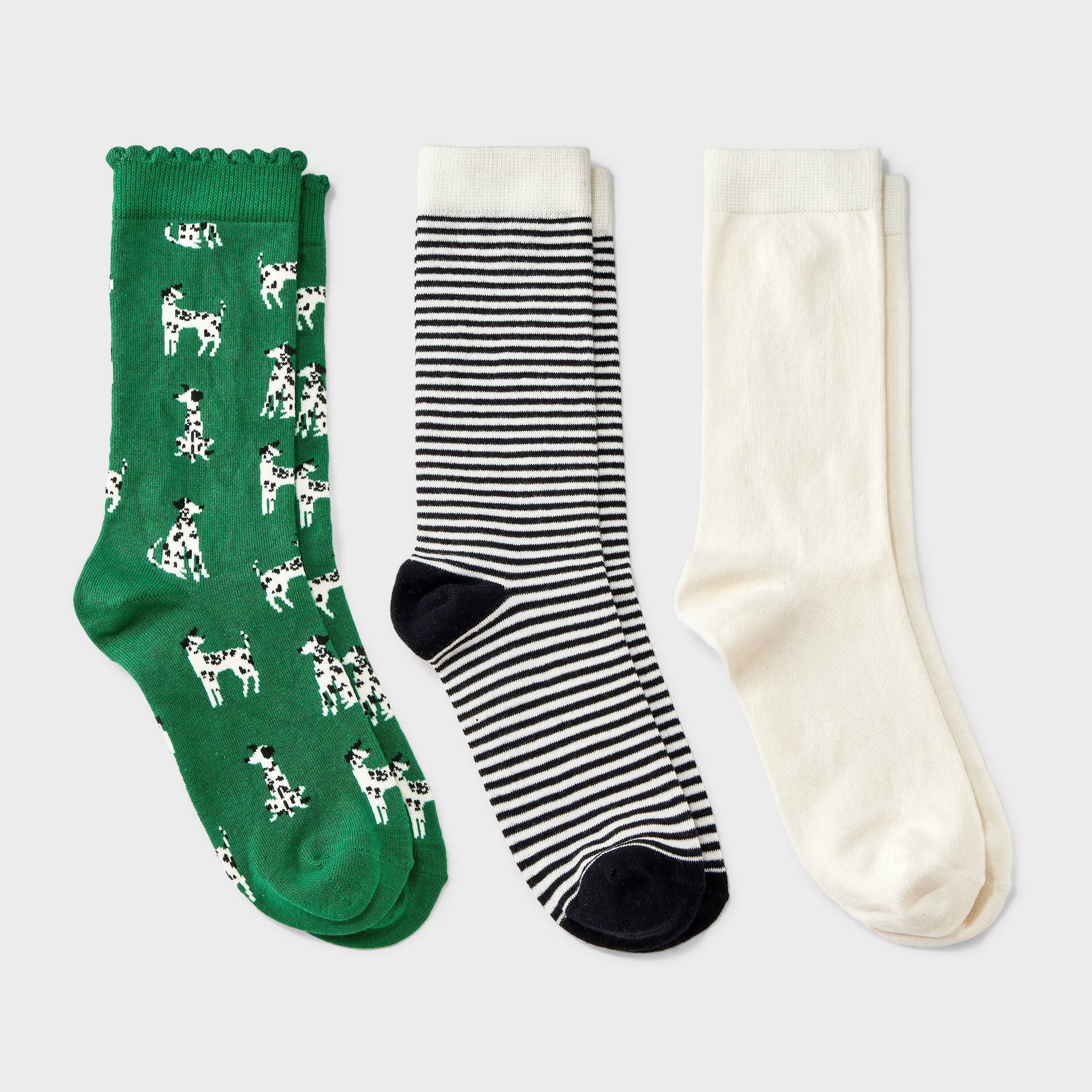 Women's Dogs Scallop Cuff 3pk Crew Socks - A New Day™ Green/White/Black 4-10