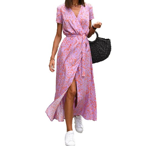 Женские платья Garvee Floral Wrap Beach Dress for Women Summer Maxi Dress with Tie Waist V Neck Slit Flowy Dress Polka Dress High Waist Beach Cover Up,Polka Dot,Pink-2 - L