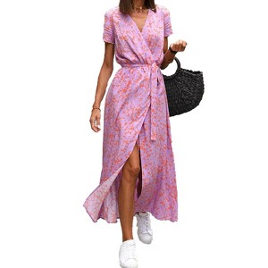 Floral Wrap Beach Dress for Women Summer Maxi Dress with Tie Waist V Neck Slit Flowy Dress Polka Dress High Waist Beach Cover Up - 1 of 4