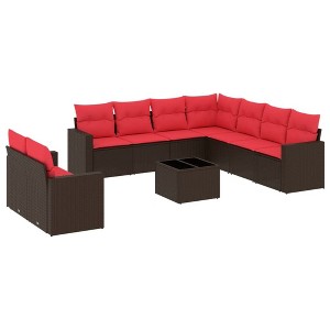 vidaXL 9 Piece Patio Sofa Set with Cushions Brown Poly Rattan - Brown and Red With Table - 1 of 4