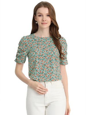 INSPIRE CHIC Women's Floral Summer Crew Neck Casual Shirred Short Sleeve Blouse