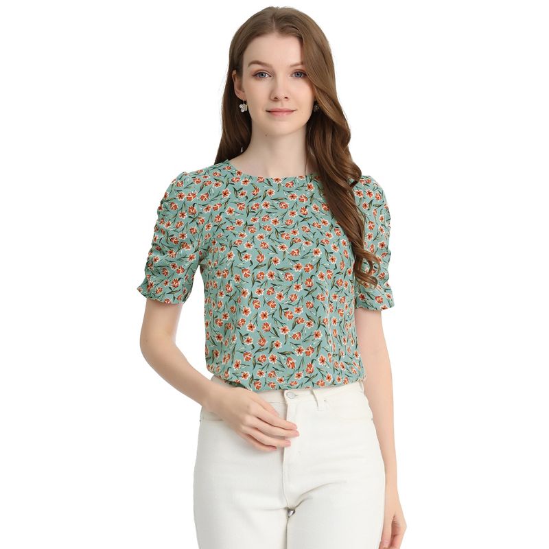 Allegra K Women's Floral Summer Crew Neck Casual Shirred Short Sleeve Blouse, 1 of 8