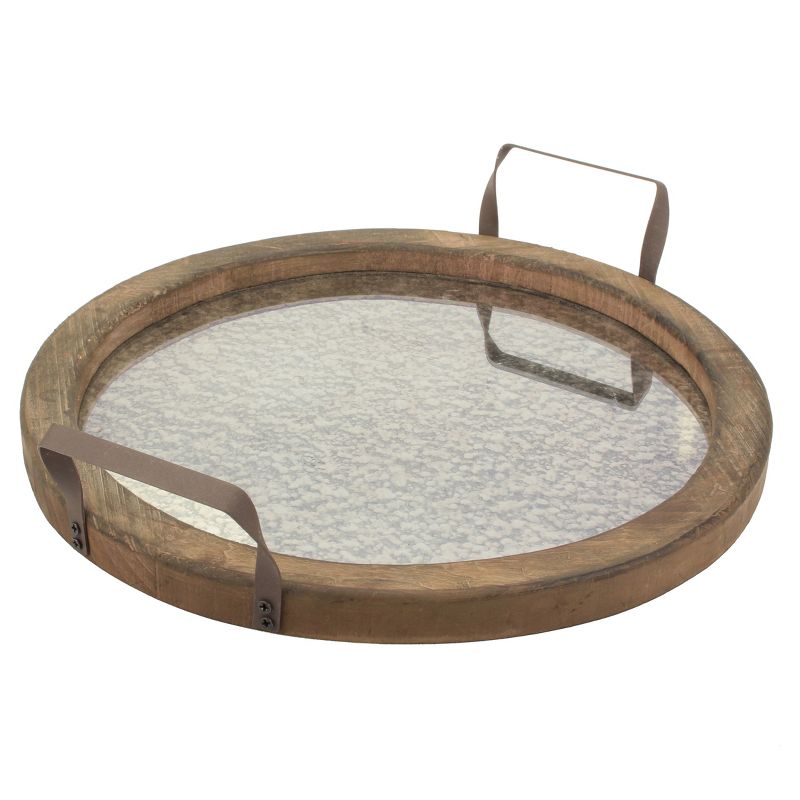 14&#34; Round Rustic Wooden Tray with Distressed Mirror Brown - Stonebriar Collection, 3 of 13