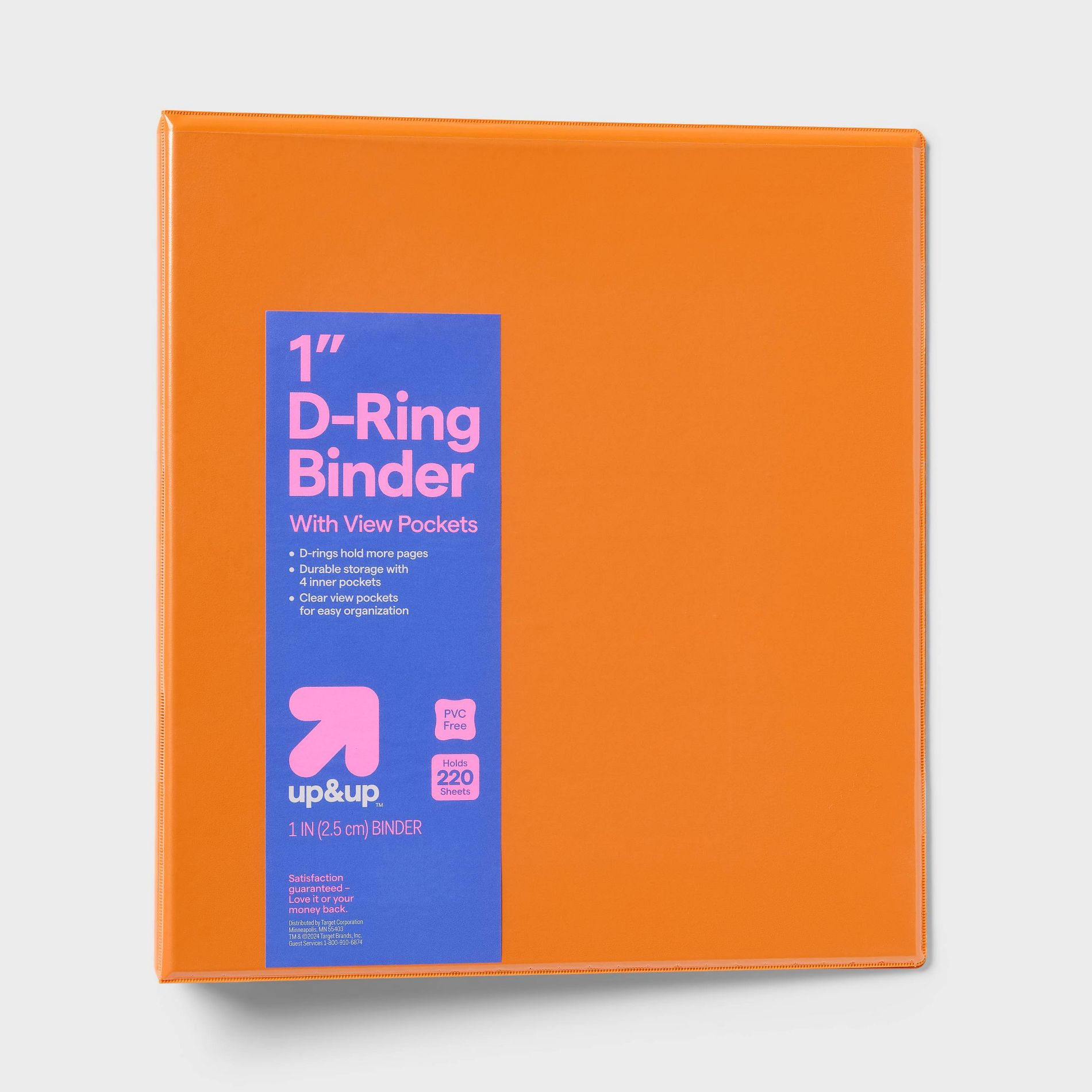 1" 3 Ring Binder Clear View Orange - up&up™: D Rings, 220 Sheet Capacity, Internal Pockets, Cardboard & Polypropylene