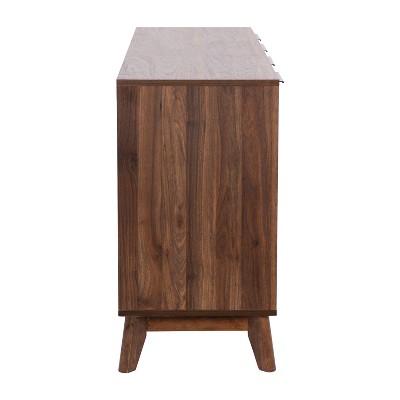 Hatfield Dark Walnut Mid-Century Modern 4-Door TV Stand with Adjustable Shelves