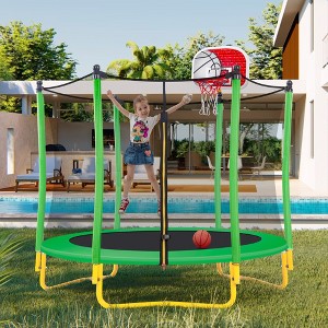 5.5FT Trampoline for Kids - 65" Outdoor & Indoor Mini Toddler Trampoline with Enclosure, Basketball Hoop and Ball Included-ModernLuxe - 1 of 4
