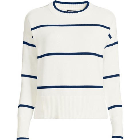 Lands' End Women's Petite Drifter Cotton Easy Fit Crew Neck Sweater - Large  - Ivory/Navy Two Color Stripe