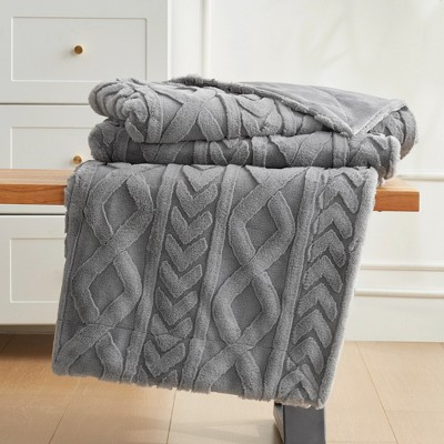 Cozy Bliss Jacquard Cable Knit Throw Blanket Soft Plush Faux Fur Throw Blanket for Couch Sofa Bed Living Room Bedroom