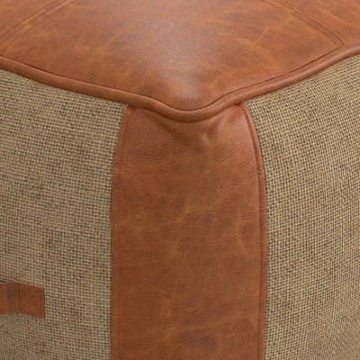 Tan Genuine Leather and Jute Square Pouf Ottoman
