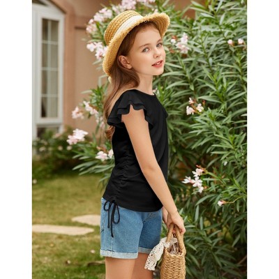 Детские рубашки Arshiner Girls Camo Shirts Ruffle Short Sleeve Casual Clothes for Kids Ruched Knot Side Tunics Shirts for Girls Camo-Leopard Print-12 — фото 2