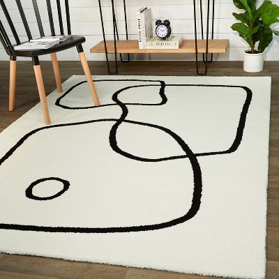 White and Black Abstract Polyester Rectangular Rug 5' x 7'
